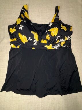 Catherines Black Tankini Top Swimsuit with Yellow Floral Print